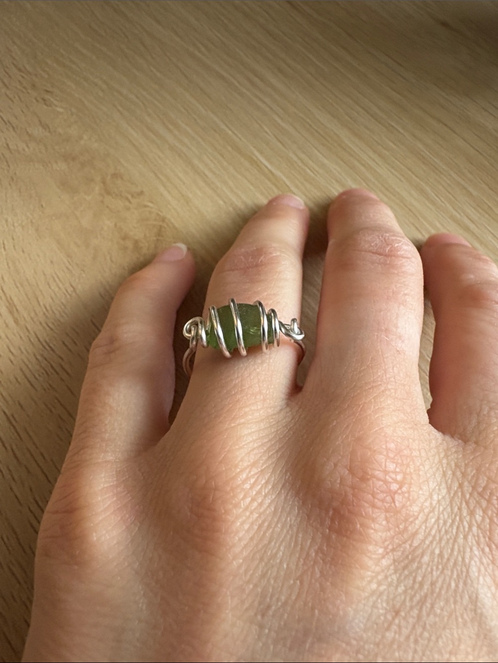 Artisan Hand Crafted Silver Plated Wire Wrapped Green Sea Glass Ring - Size 5.5